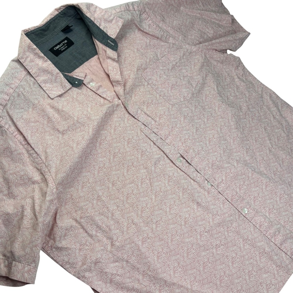 Claiborne Shirt Mens XXL Pink White Leaf Print Cotton Stretch Classic Fit Casual